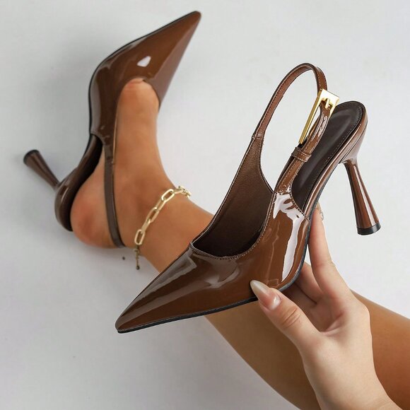 Brown Elegant Women's High Heel Pointy Toe Patent faux Leather slingback heels - Picture 1 of 6